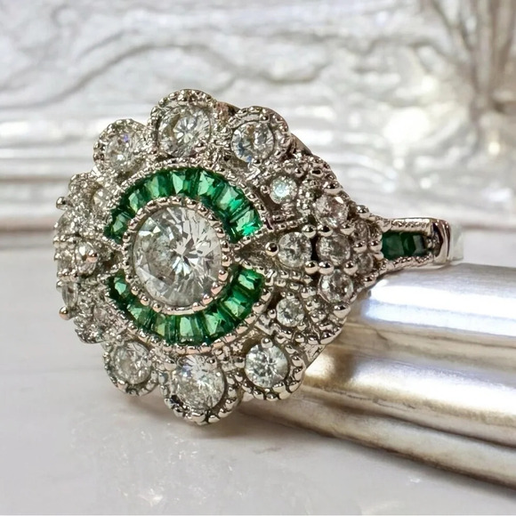 Sterling Silver Green/White CZ Cocktail Ring (9) - Picture 6 of 11